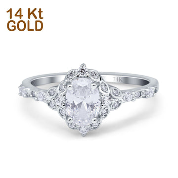 14K White Gold Oval Engagement Ring Vintage Accent Simulated Cubic Zirconia Size-7